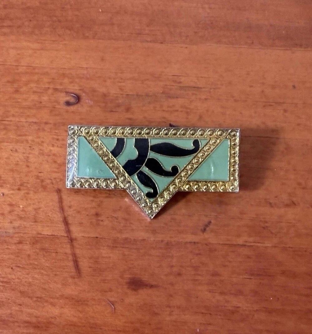 Vintage Art Deco Revival Enamel Bar Brooch Mint Black Gold Geometric Pin